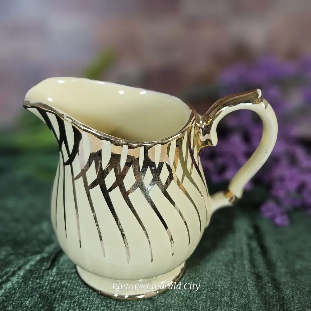 Vtg Sadler China England Milk Creamer Pitcher Yellow & 14K Gold Rim Swirl 1950
